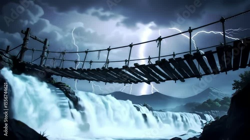 A rickety rope bridge spans a waterfall under a stormy sky with lightning