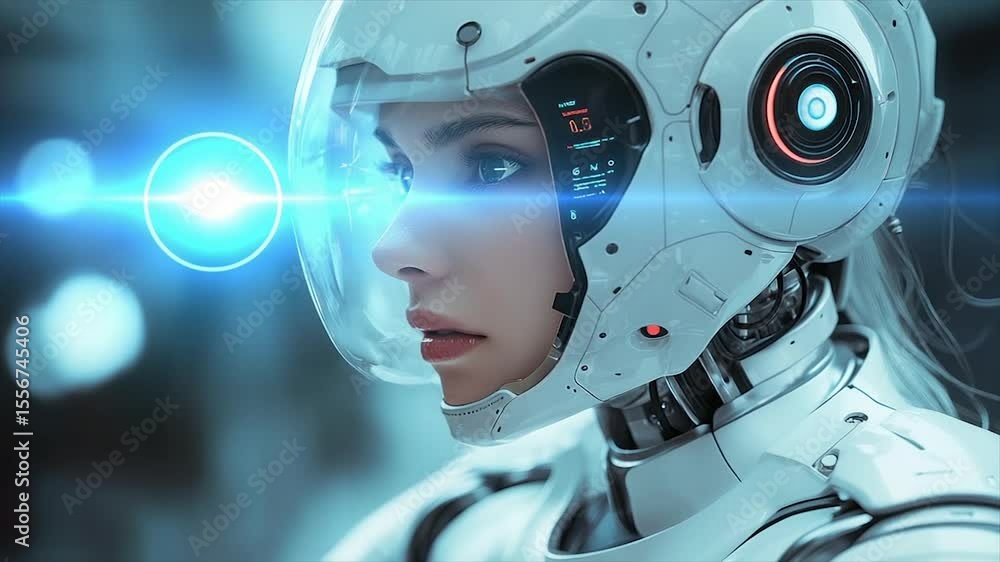 Futuristic female cyborg, white helmet, glowing visor Futuristic female cyborg, white helmet, glowing visor