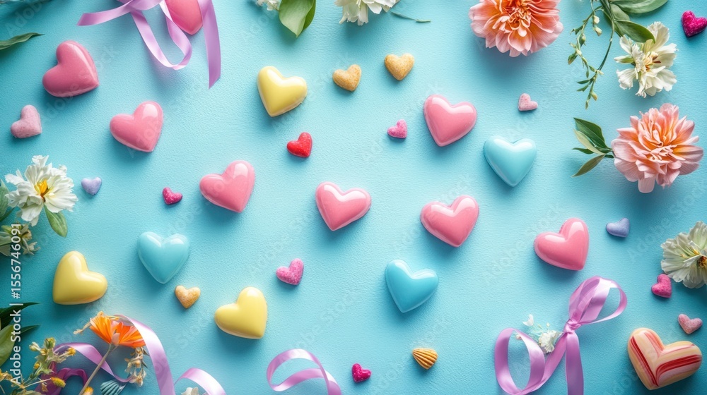 Pastel hearts and flowers on a light blue background Pastel hearts and flowers on a light blue background