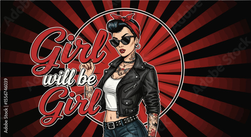 Rockabilly Tattooed Girl in Leather Jacket with Sunglasses and Red Bandana on Retro Sunburst Background