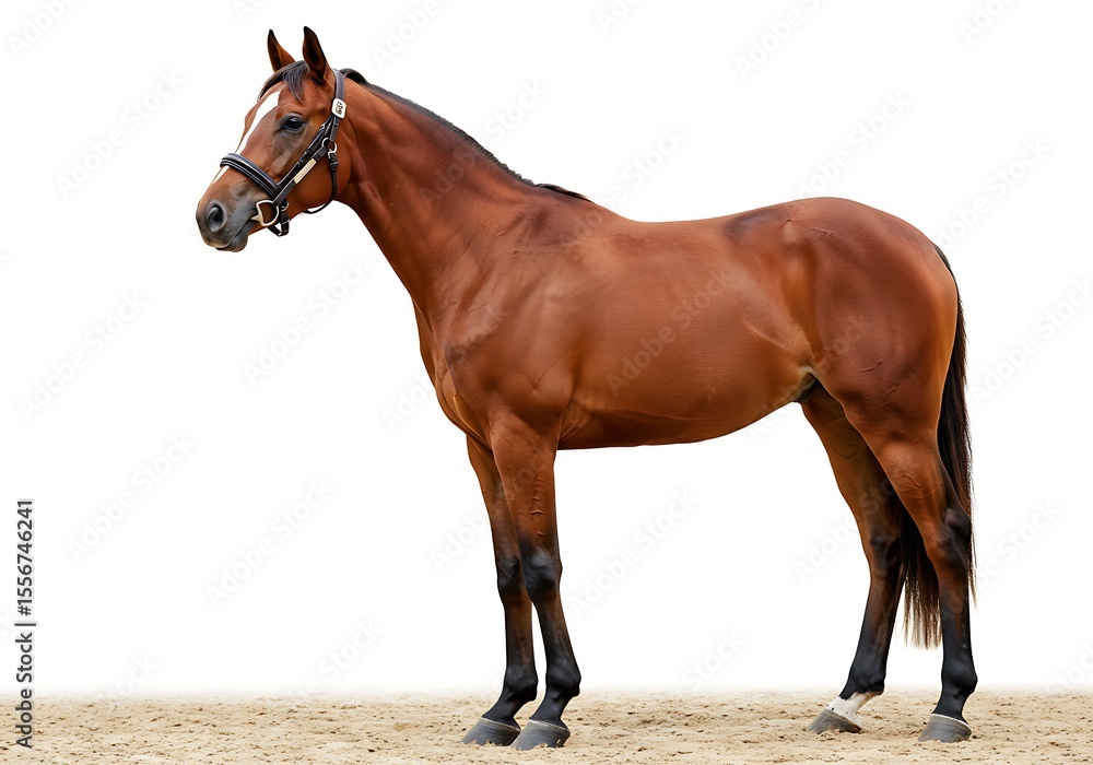 Obraz premium Elegant brown horse standing isolated on white background in full length