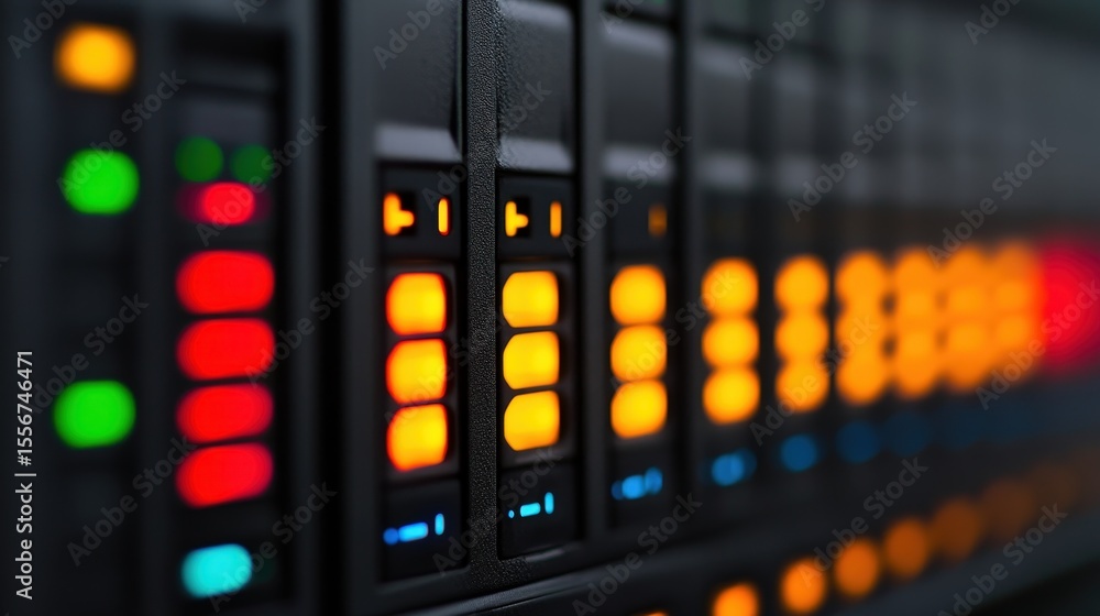 Close-up of colorful LED lights on a server or audio equipment panel, displaying various status indicators in a dark environment. Close-up of colorful LED lights on a server or audio equipment panel, displaying various status indicators in a dark environment.