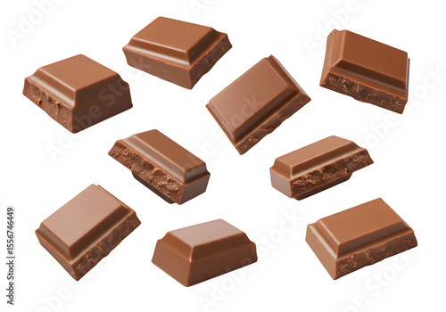 Falling chocolate pieces isolated on white or transparent background. PNG, cutout