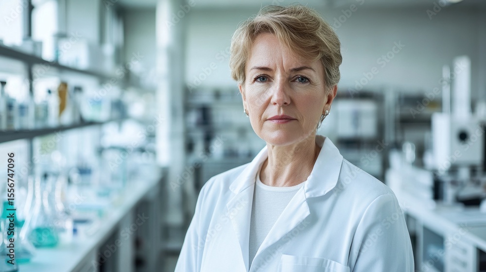 Fototapeta premium A focused middle-aged European woman dressed in a white laboratory coat stands confidently in a modern lab, showcasing her expertise in scientific research and analysis.