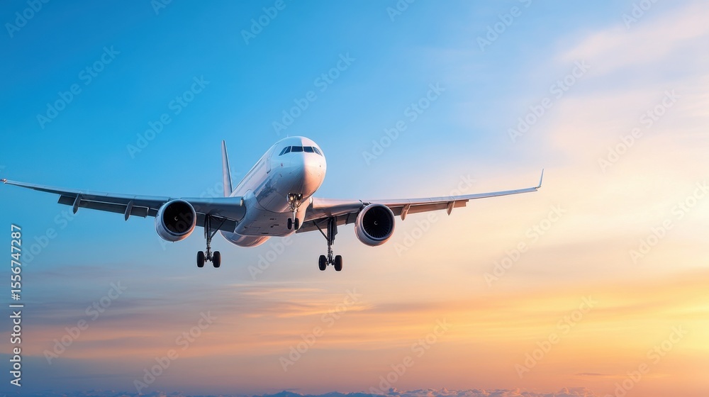 Naklejka premium Airplane Approaching Landing at Sunset Over Dramatic Colorful Sky