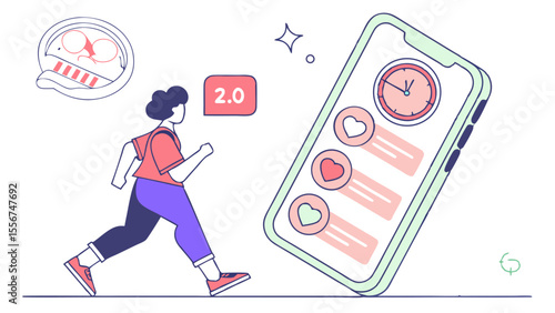 Woman running towards a large phone displaying hearts and a clock with a cartoon face nearby on white
