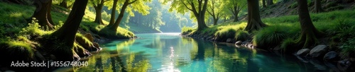 Crystal clear river meanders through budding trees, sunlight filters through canopy, brook, flowing