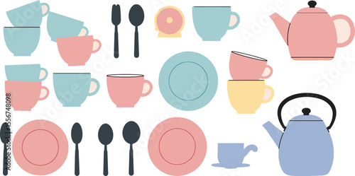 Pastel Tea Party Cute Illustrations of Teacups, Teapots, and Plates
