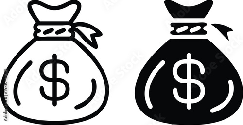 Minimalist Money Bag Icon – Simple Line Art with Dollar Sign in Monochrome Vector Style