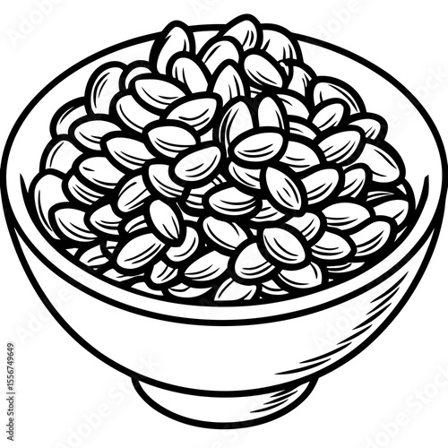 Black and white illustration of a bowl filled with a generous serving of beans