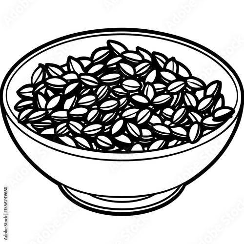 Black and white illustration of a bowl filled with grains or seeds