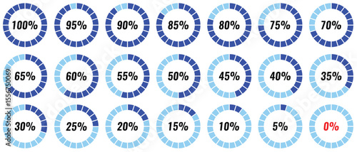Percentage Progress Circle Icons Set - Blue Gradient Loading Bar Vector Bundle for UI Design