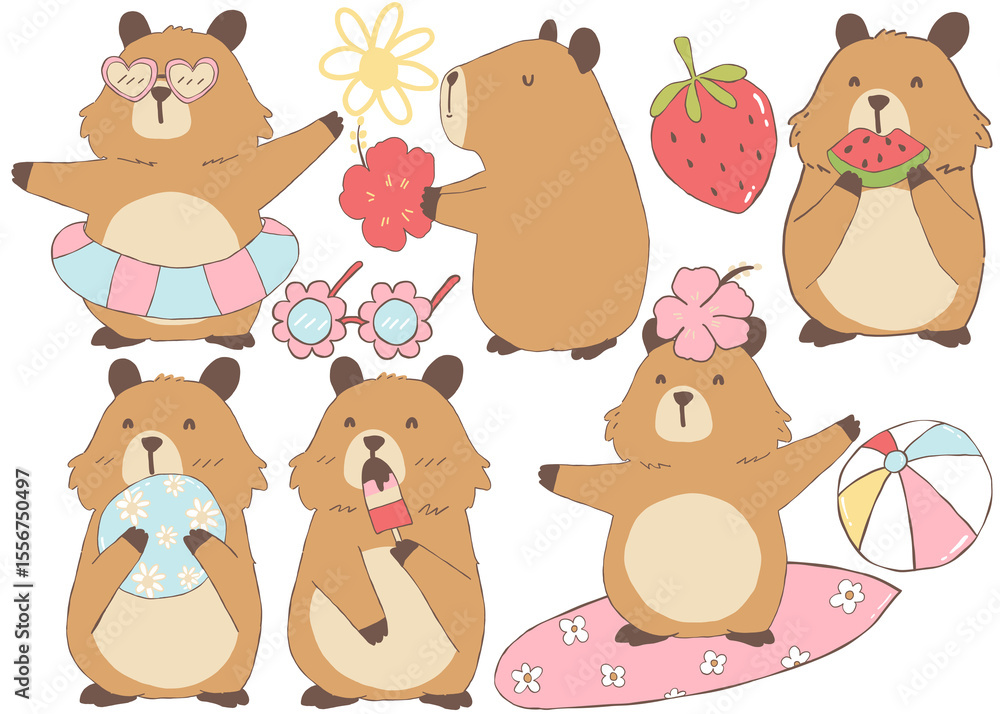 Obraz premium Summer set of animals capybaras cartoon kawaii happy characters hand drawn flat design illustrations 