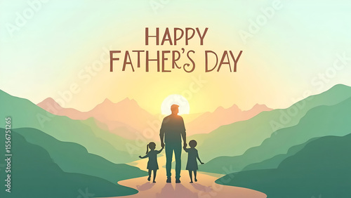 Happy Father's Day illustration depicting a father walking with his two children into the sunset within a picturesque mountain landscape