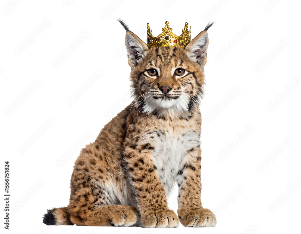 Fototapeta premium Lynx Wearing Golden Crown Isolated Against Transparent Background