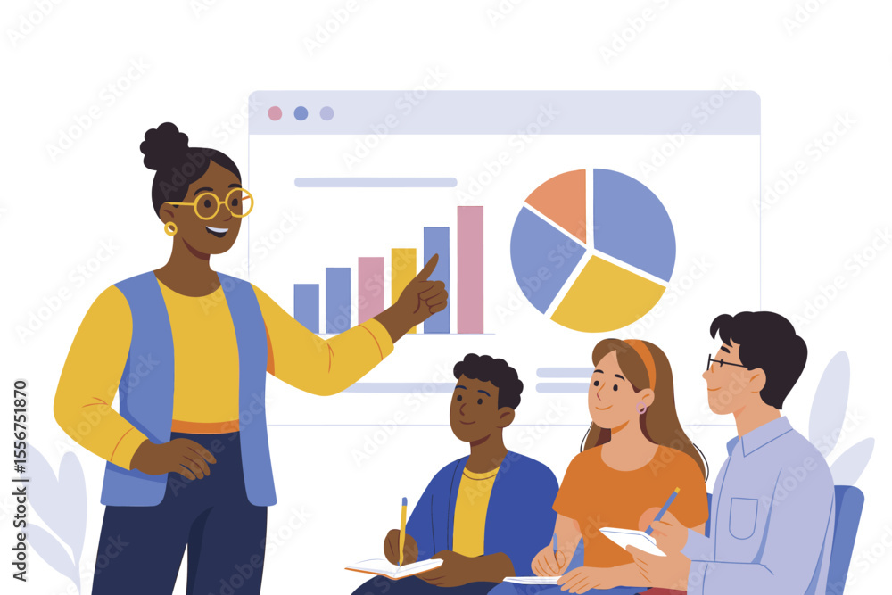 Confident Team Leader Presenting Data Charts in Flat Vector Style – Business Meeting and Collaboration Concept Confident Team Leader Presenting Data Charts in Flat Vector Style – Business Meeting and Collaboration Concept