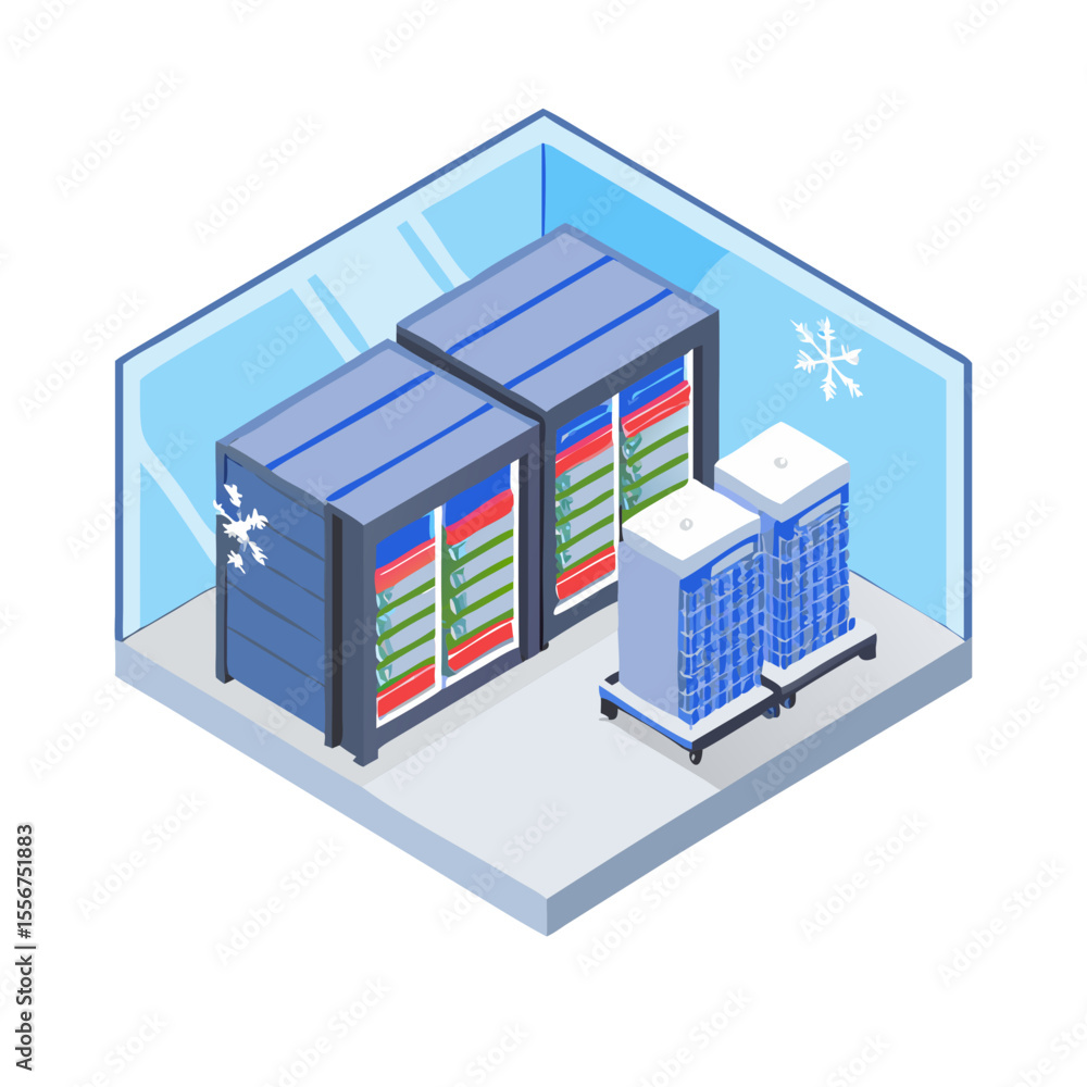 Isometric view of a cold server room with hardware Isometric view of a cold server room with hardware