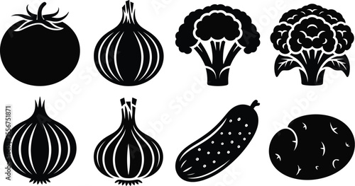 Black and white vector illustration of various vegetables in a row