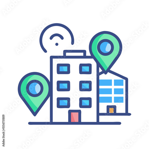 Office locations icon with buildings and map pointers