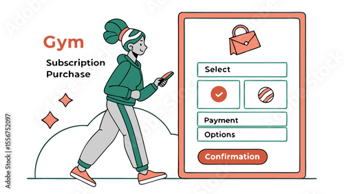 Woman in sportswear using phone to purchase a gym subscription with payment options and confirmation button