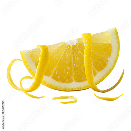 Yellow lemon wedge with curly zest peel isolated on white background