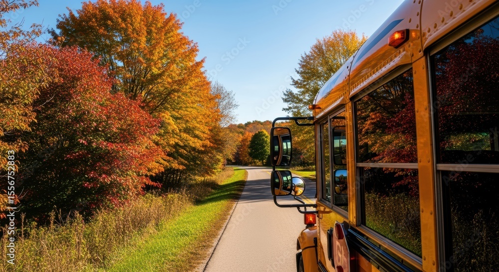 Obraz premium School Bus Travels Scenic Rural Road Surrounded by Vibrant Autumn Foliage Under Clear Blue Sky