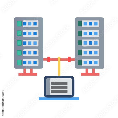 Illustration of server racks connected to a central computer