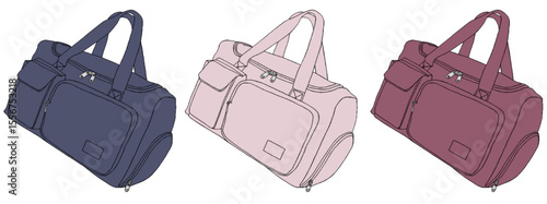 ボストンバック　藍色　白ピンク　ブルーベリー色　３セット　ひもなし　イラスト