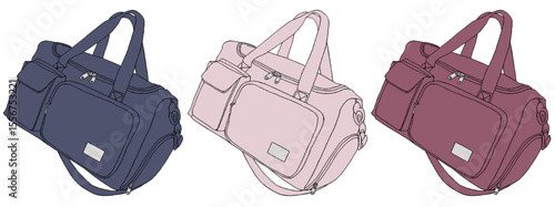 ボストンバック　藍色　白ピンク　ブルーベリー色　３セット　ひもあり　イラスト