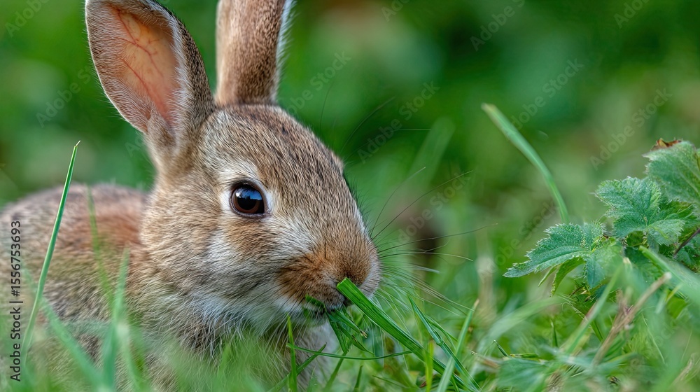 Fototapeta premium Wild Rabbit Eating Grass in a Field