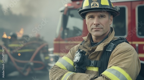Striking portrait of a mid-aged male firefighter in a Canadian setting, showcasing commitment and determination. Strong presence amid a backdrop of firefighting efforts.