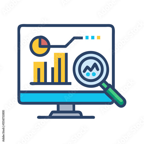 Data analysis on monitor screen with magnifying glass icon