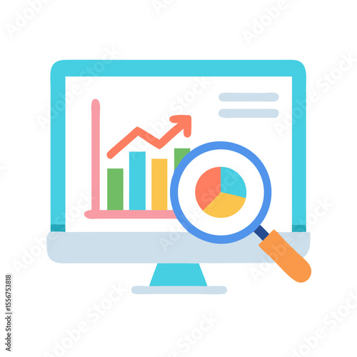 Computer monitor displaying data analysis with a magnifying glass overlay