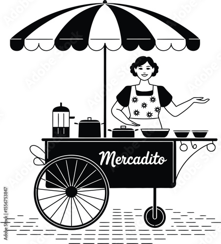 Woman selling food from a street cart with an umbrella illustration