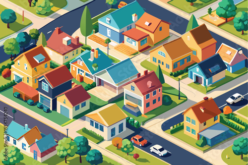 Seamless pattern of isometric city houses, a vector illustration for urban residential design