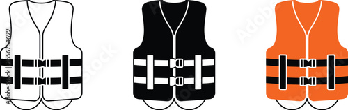 Life vest icon set vector illustration safety jacket in black white and orange colors for boating rescue 100 char editable vector illustration with png format