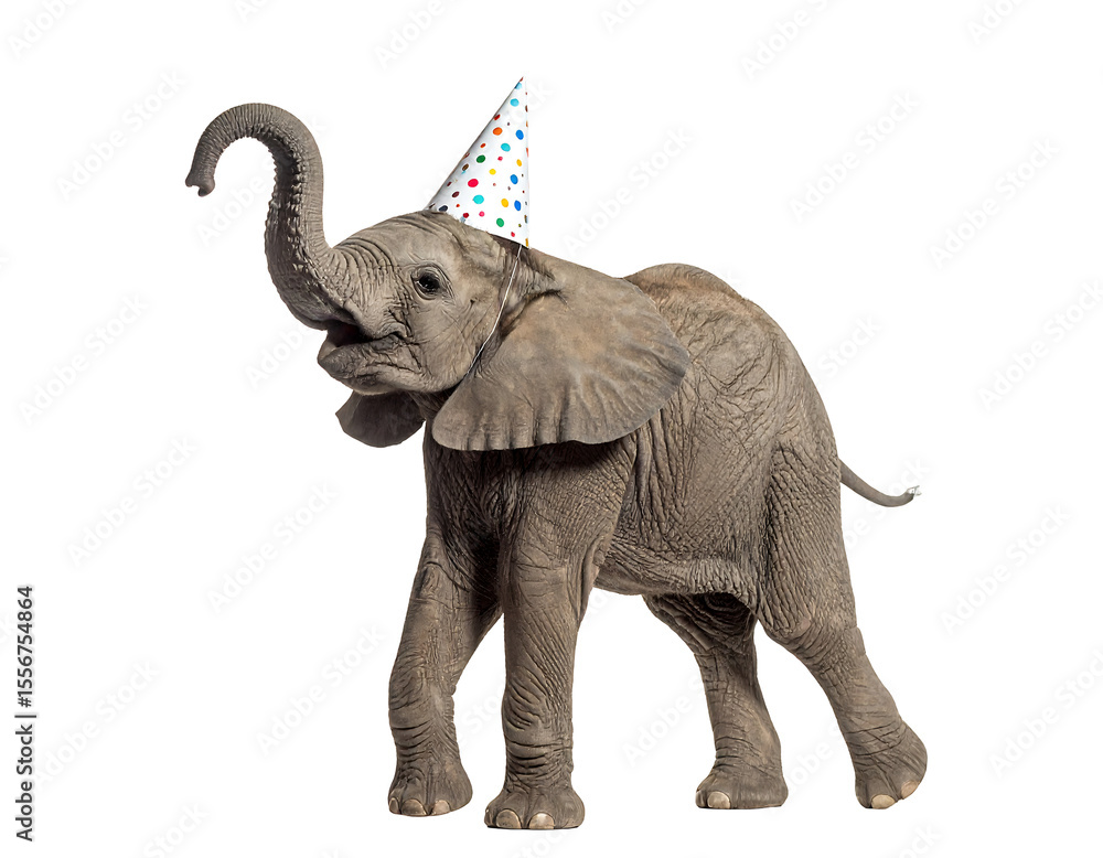 Fototapeta premium Joyful Elephant Wearing Party Hat Isolated on Transparent Background