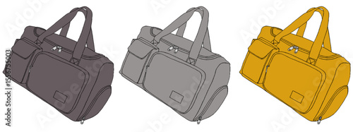 ボストンバック　濃い灰色　灰色　黄色　３セット　ひもなし　イラスト