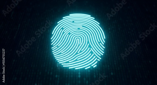 Wallpaper Mural Glowing neon cyan fingerprint outline on dark binary code background identity security Torontodigital.ca