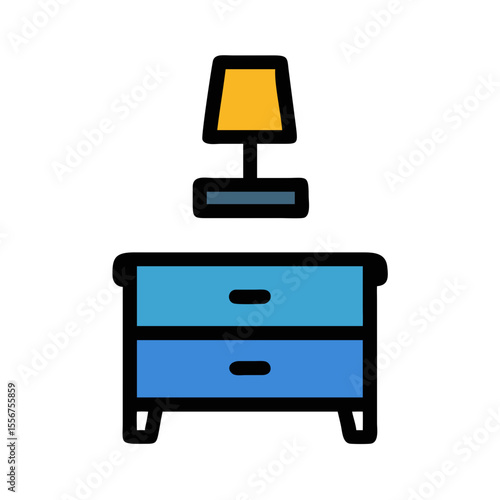 Stylized nightstand with lamp, blue drawers, flat design icon
