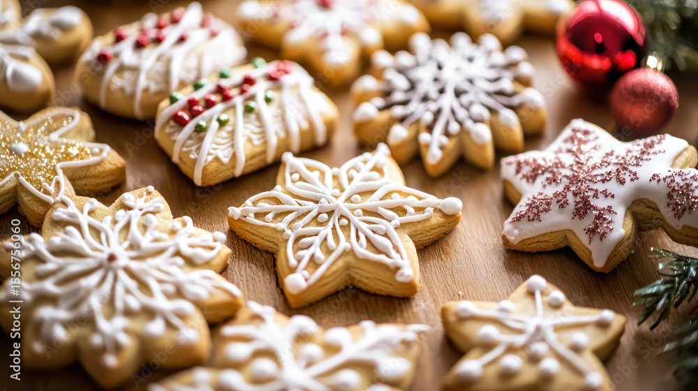 A variety of hand-decorated sugar cookies with intricate designs for the holidays A variety of hand-decorated sugar cookies with intricate designs for the holidays