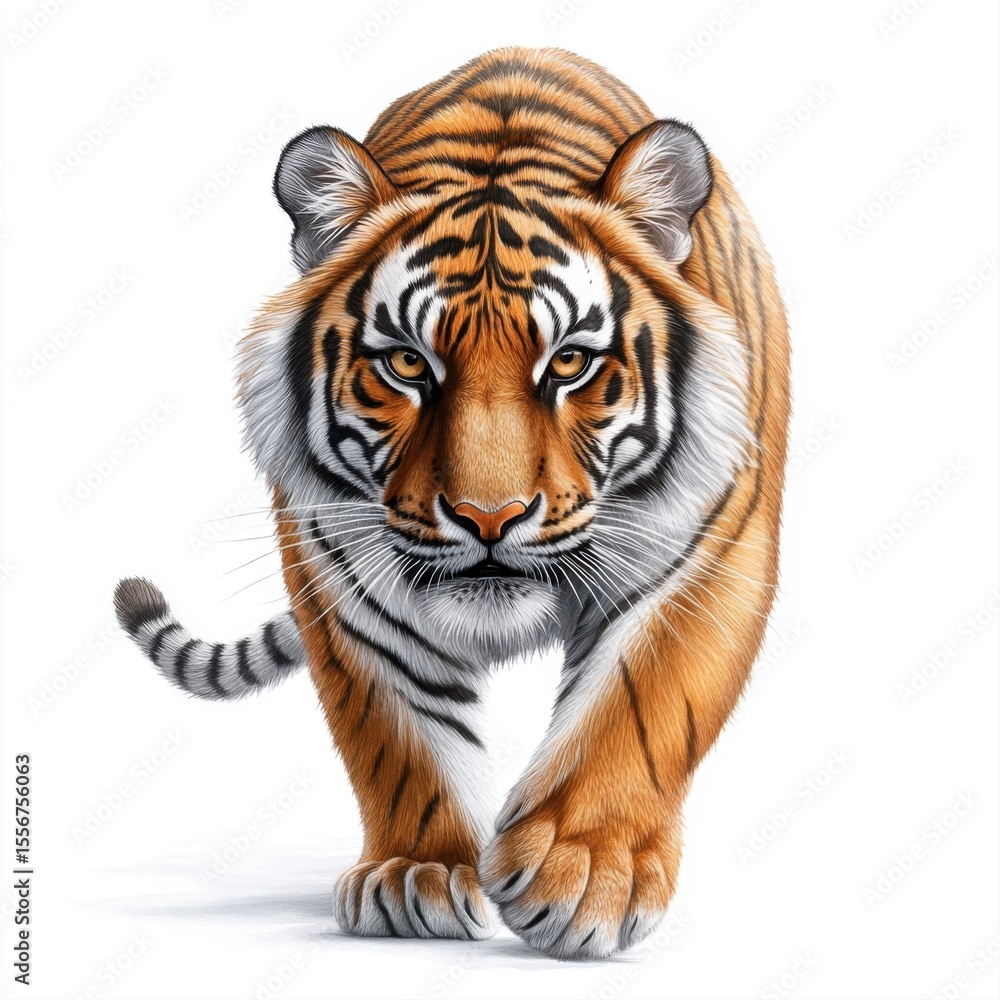 Obraz premium Realistic Illustration of a Striped Tiger Walking with Intense Expression