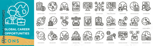 Global Career Opportunities Icon set. International Job Board, Global Mobility Program, Cross Border Employment, Expat Career Guide, Work Abroad Portal and Global Talent Network