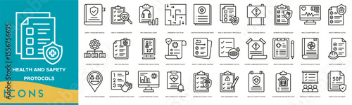Health and Safety Protocols icon set. Safety Guidelines Manual, Health Screening Checklist, PPE Compliance Chart, Emergency Exit Plan, Sanitization Procedure Sheet, Health and Safety Protocols