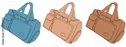 ボストンバック　水色　オレンジ　茶色　３セット　ひもなし　イラスト