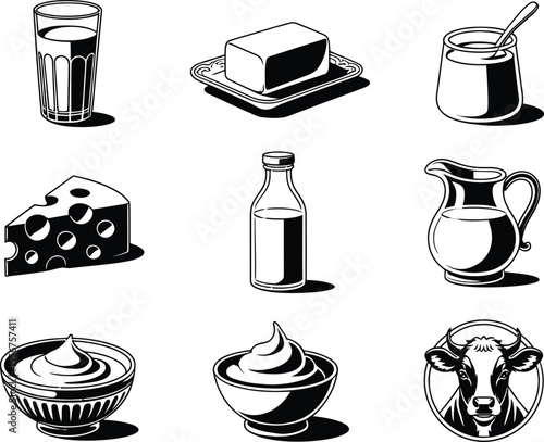 Illustration of various dairy products including milk butter and cheese