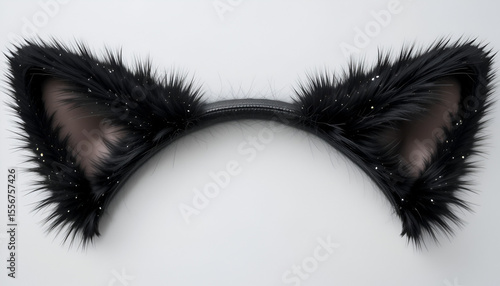 Fluffy black cat ears with sparkly accents sit playfully on a clean white backdrop, perfect for costumes or cute accessories.