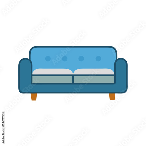 Blue upholstered sofa on White Background in flat design