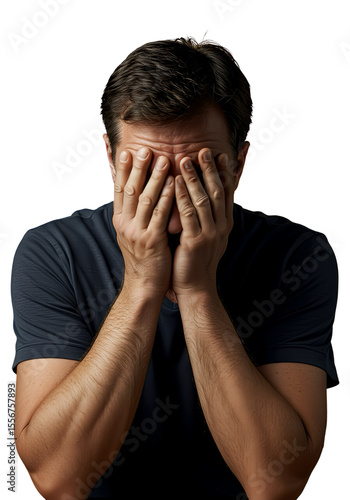 A man covering face with hand, emotional, isolated 