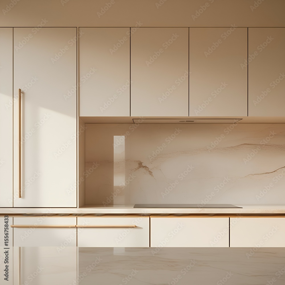 Fototapeta premium Modern kitchen interior showcasing sleek cabinetry, countertop, and minimalist design.